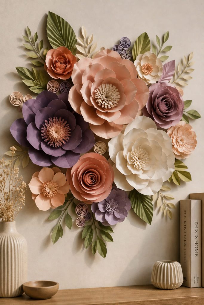 Oversized rolled paper flower wall cluster with shaped petals, layered centers, and dimensional leaves.