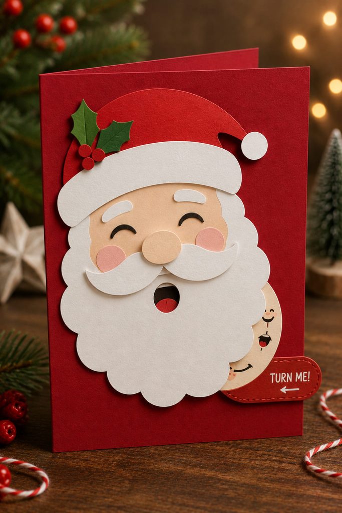 Santa Christmas card with a hidden rotating paper wheel and a visible control tab.
