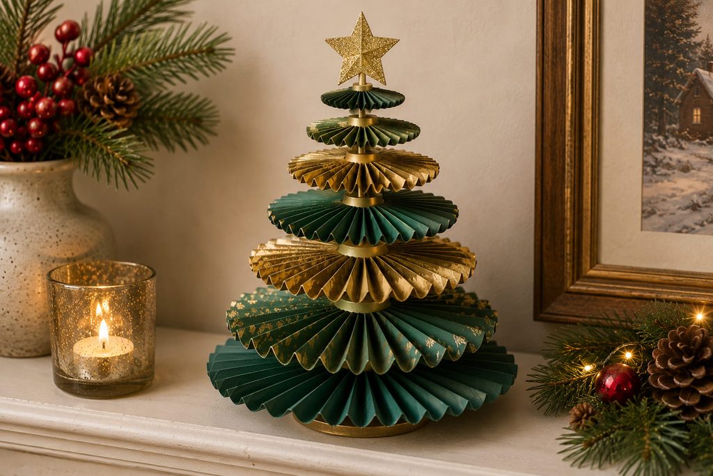 Stacked paper rosette Christmas tree with tiered green and gold pleated discs on a mantel.