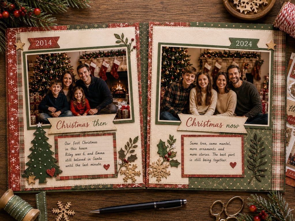 Then-and-now Christmas scrapbook spread comparing two family photos of the same holiday tradition.
