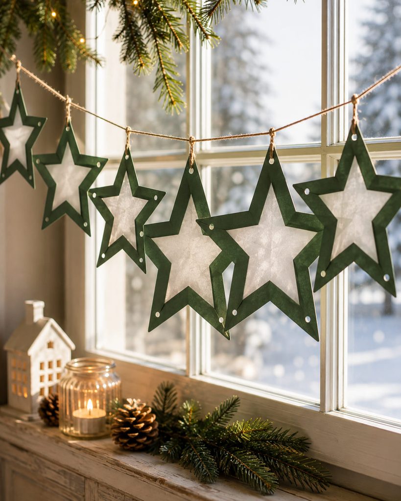 Layered cardstock window stars with translucent vellum centers in daylight.