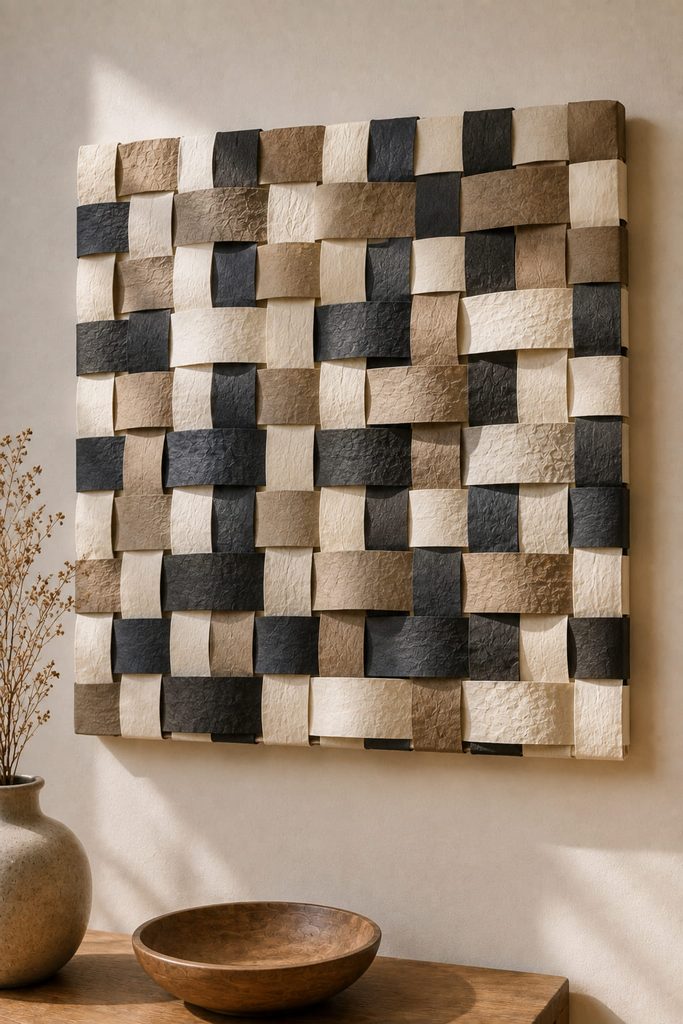 Folded tissue ribbons woven over and under into an open modern lattice wall panel.