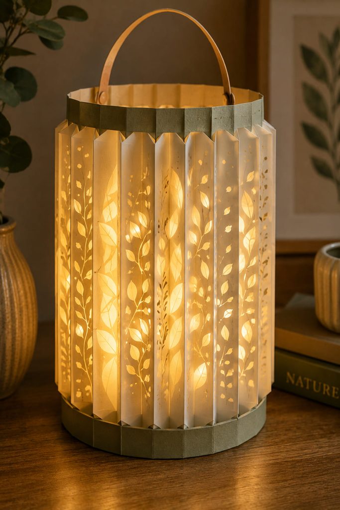 Accordion-fold paper lantern with vellum openings and a soft flame-free LED glow inside.