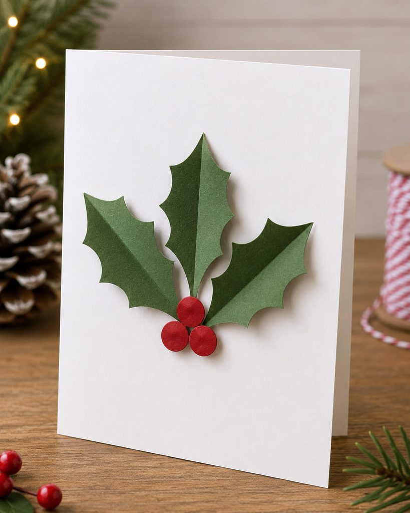 White Christmas card with three gently creased green paper holly leaves and red paper berries.
