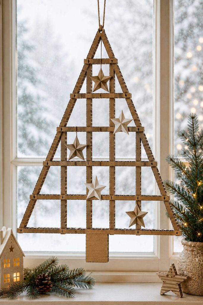 Cross-notched cardboard lattice Christmas tree hanging in a bright window.