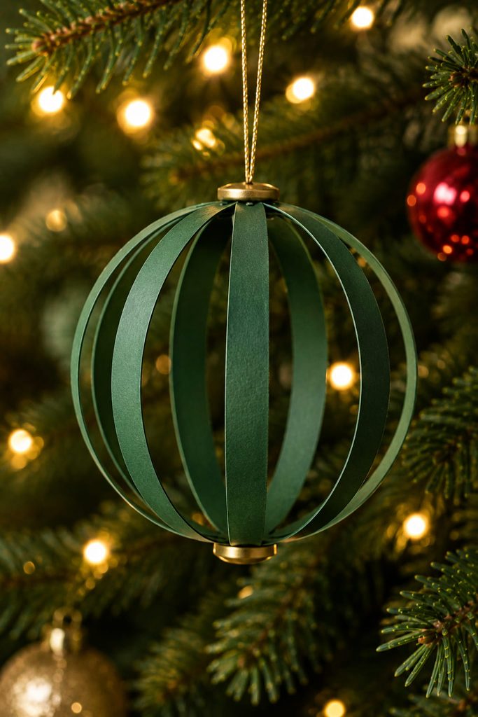 Open globe Christmas ornament made from curved cardstock strips joined at two poles.