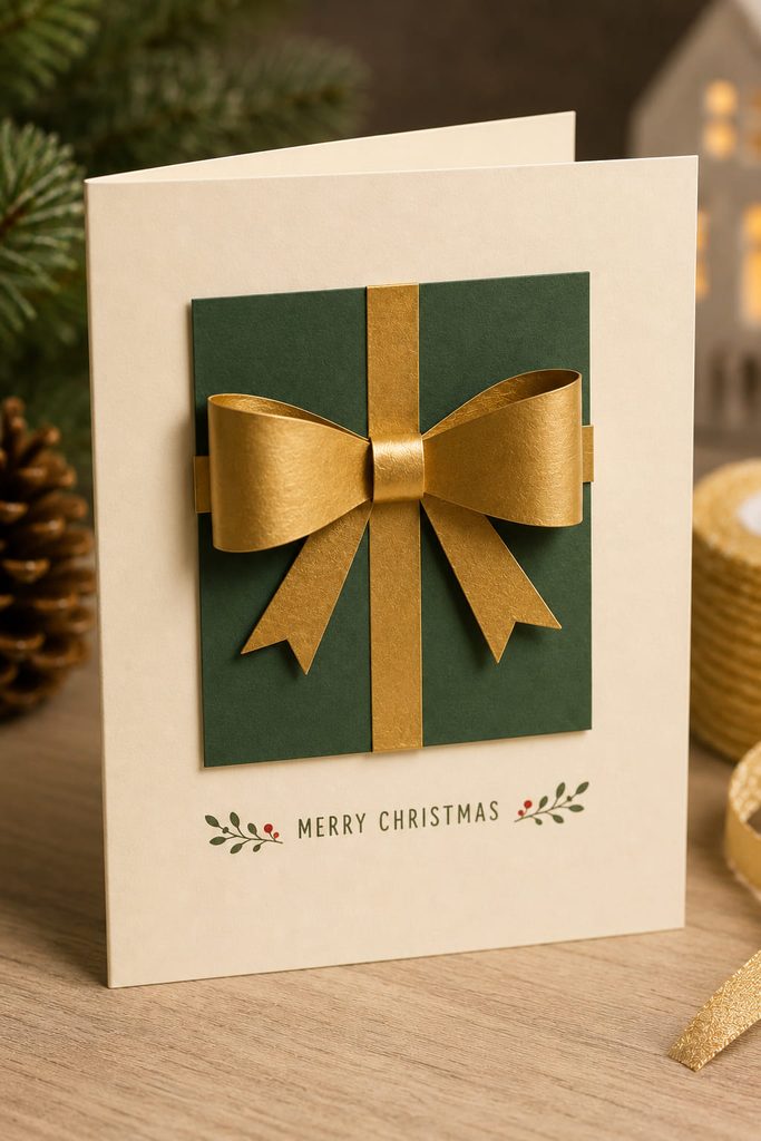 Cream Christmas card with a shallow fold-flat gold paper bow over an evergreen gift panel.