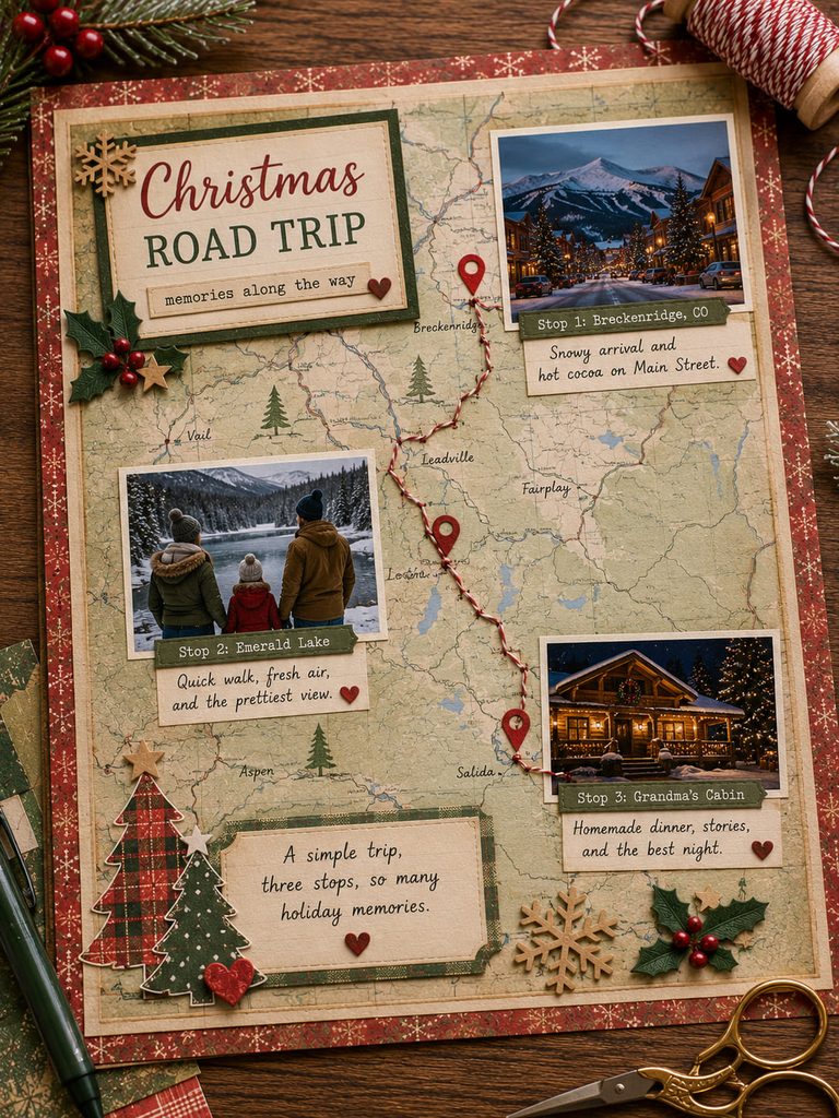 Christmas travel scrapbook page with a simplified map, connected route, photos, and handwritten stop notes.