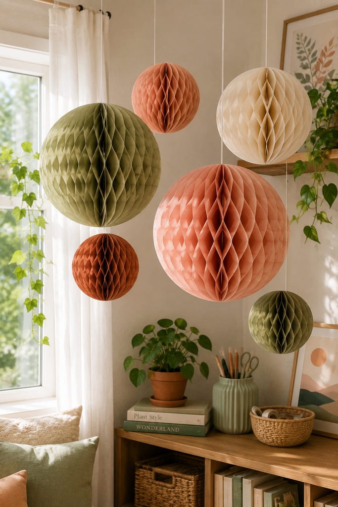 Honeycomb paper orbs in different sizes hanging as a dimensional cluster near a window.