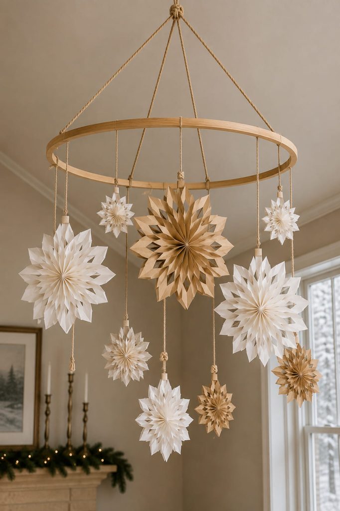 Paper snowflake chandelier with separate rosettes suspended from a level wooden hoop.