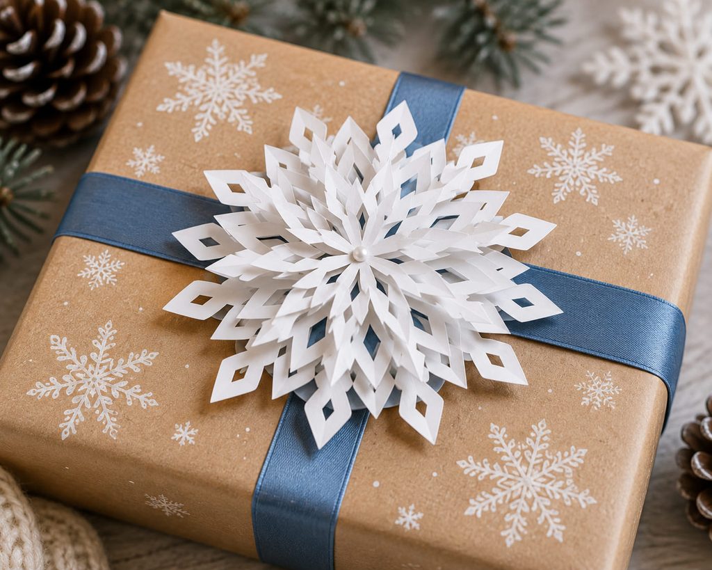 Dimensional layered snowflake topper secured over ribbon on a wrapped winter gift.
