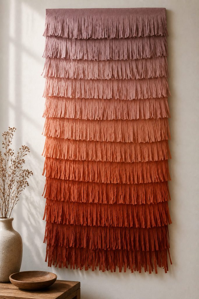 Tiered tissue fringe wall panel fading from mauve to rust with loose lower ends.