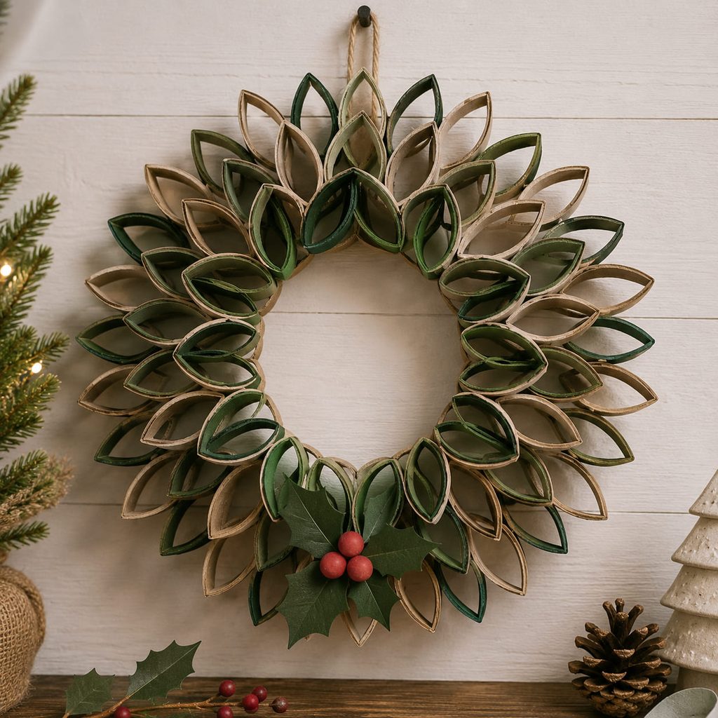 Layered Christmas wreath made from flattened cardboard tube rings on a circular backing.