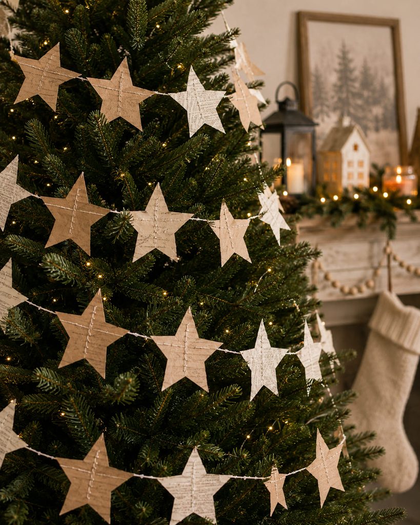 Machine-stitched flat paper stars wrapped lightly around an evergreen Christmas tree.