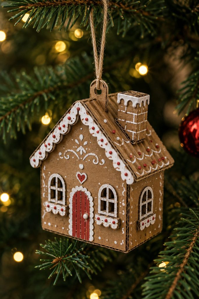 Mini cardboard gingerbread house ornament hanging from a reinforced roof loop on a Christmas tree.