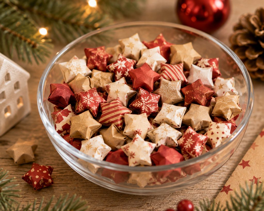Small origami lucky stars arranged loosely in a clear holiday bowl.
