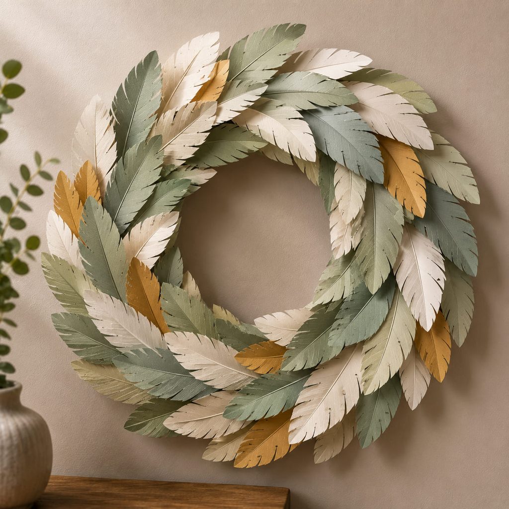 Round paper wreath built from overlapping folded feathers with raised tips.