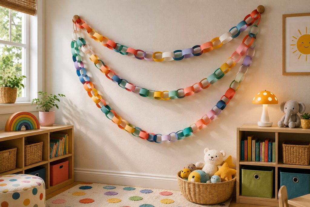 Three paper chain swags hanging in layered curves across a colorful room wall.
