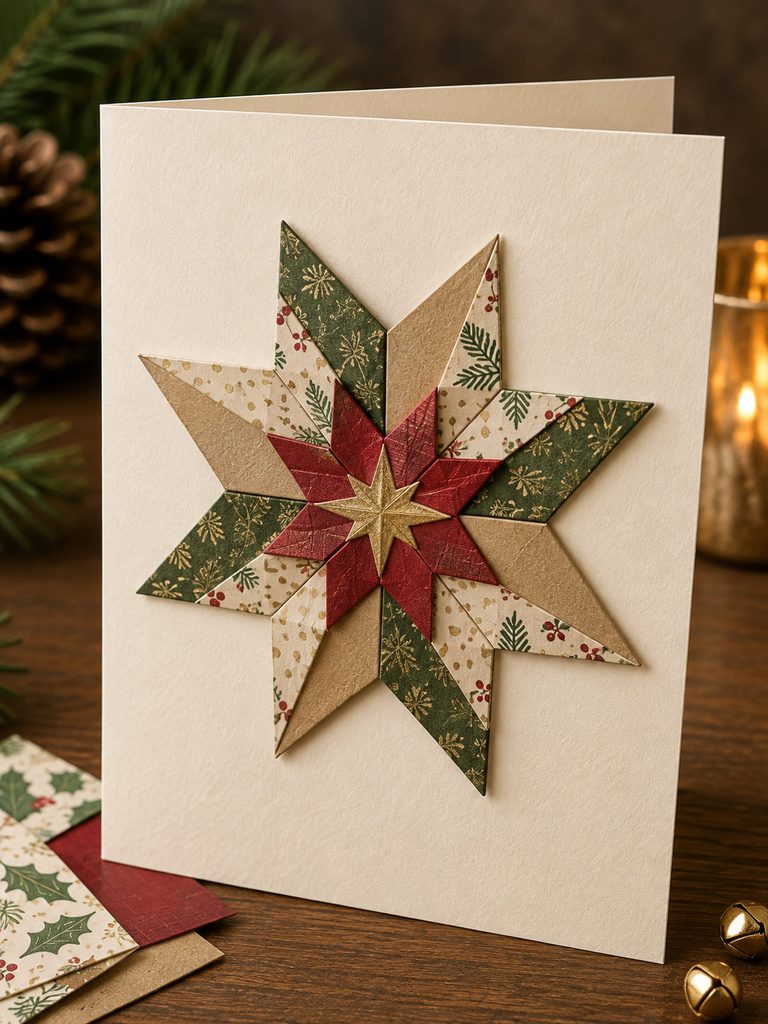 Folded modular paper star arranged like a small quilt block on a cream Christmas card.