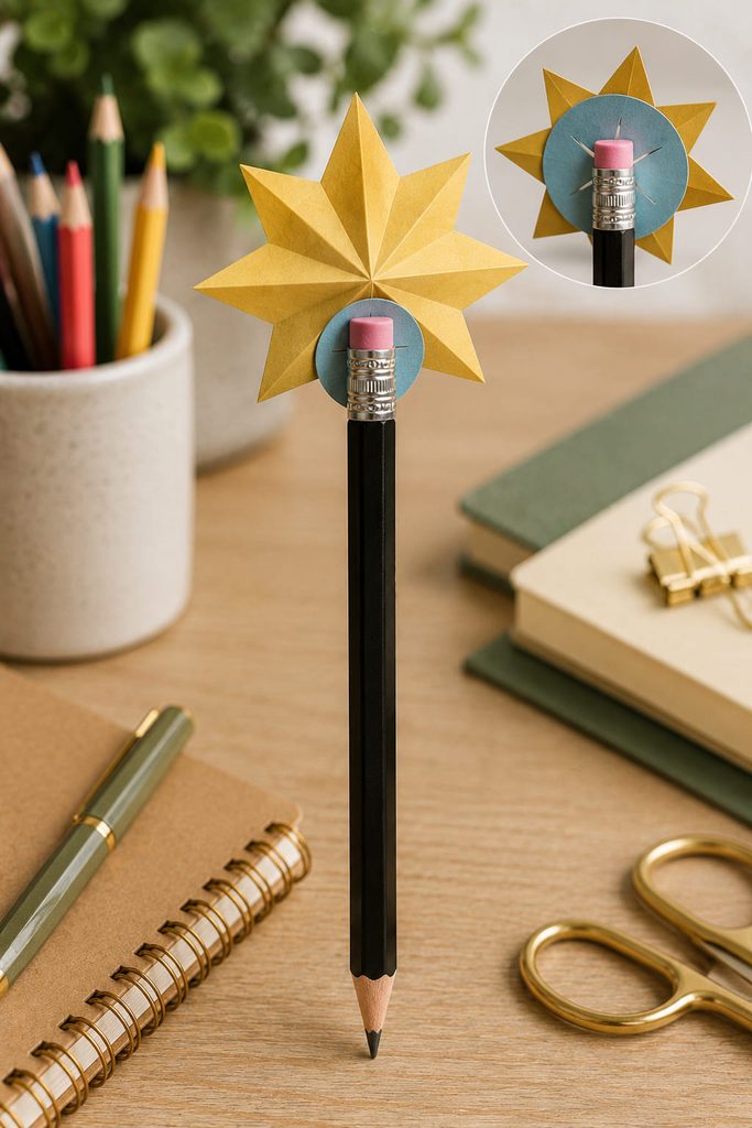 Folded paper star pencil topper held by a reinforced slit at the center back.