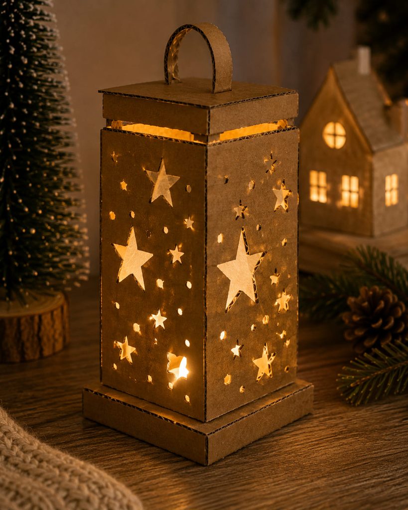 Pierced cardboard lantern glowing from a cool battery-powered LED through star-shaped openings.