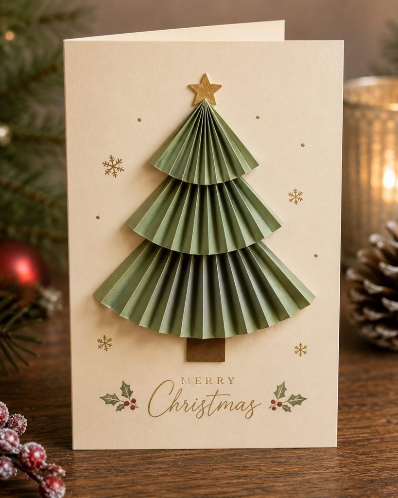 Christmas tree card made from stacked green pleated paper fan tiers.