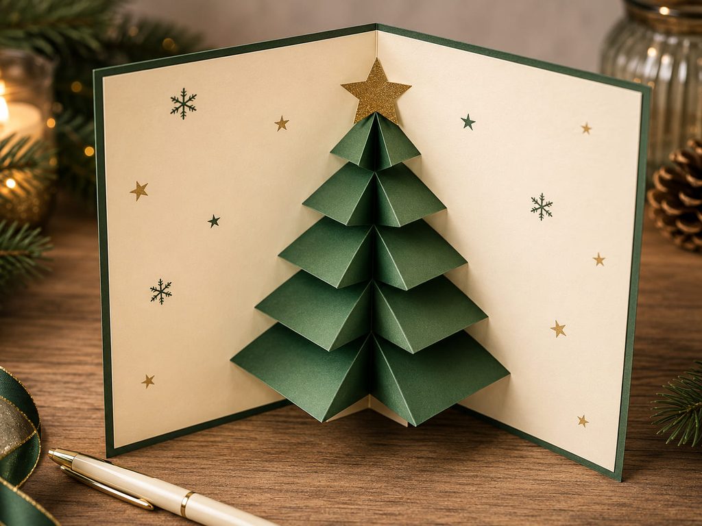 Open pop-up Christmas card with nested green paper tree tiers rising from the center fold.