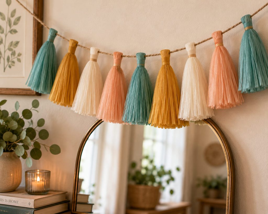 Spaced crepe paper fringe tassels hanging lightly across a small wall mirror.