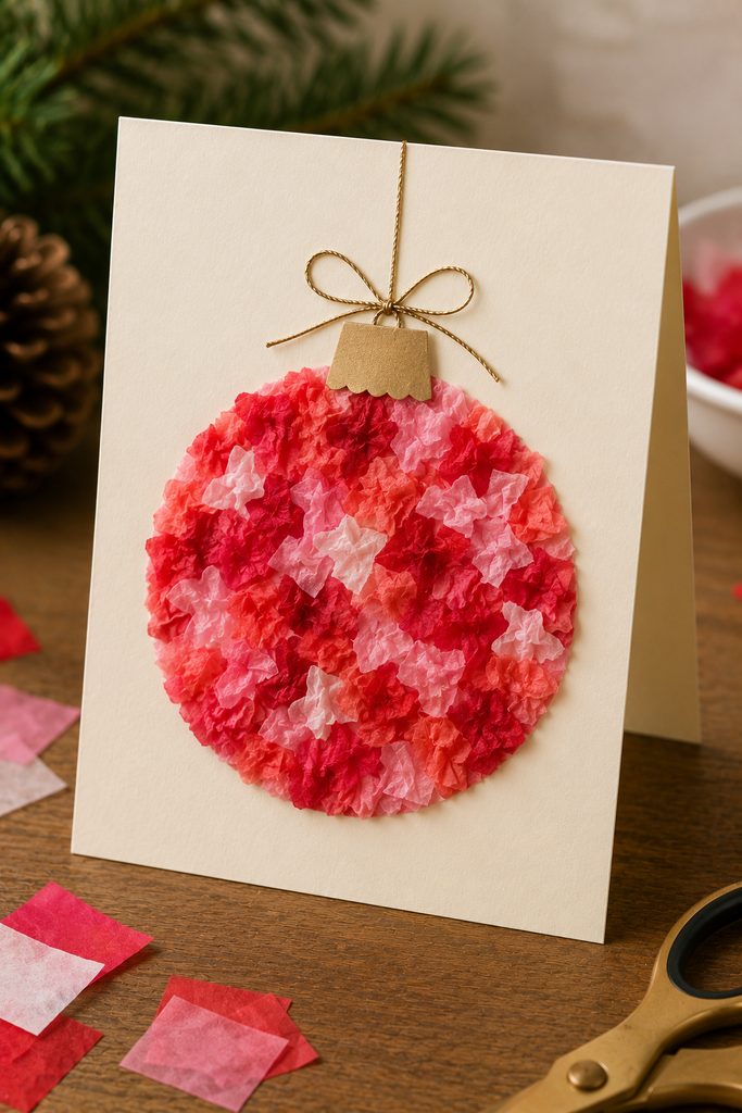 Round Christmas ornament made from scrunched red and pink tissue paper on a cream card.