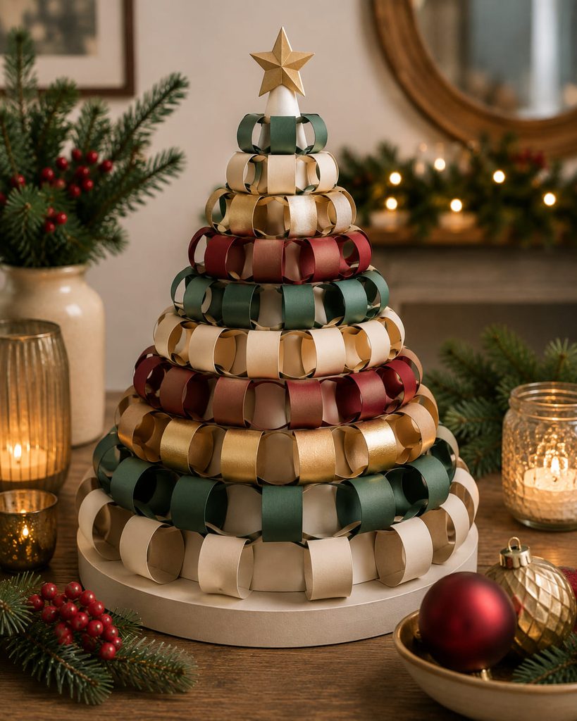 Freestanding cone Christmas tree covered with graduated tiers of linked paper loops.