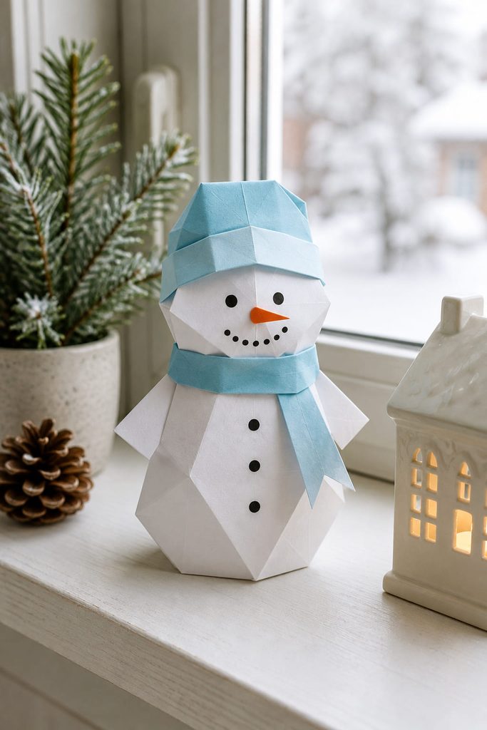 White folded-paper snowman standing upright on a winter windowsill.