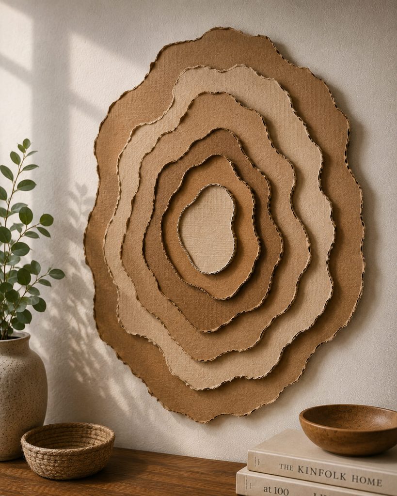 Nested torn cardboard layers creating a soft topographic wall relief with exposed fibers.