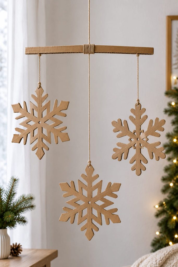 Balanced cardboard snowflake mobile with three suspended pieces at different heights.