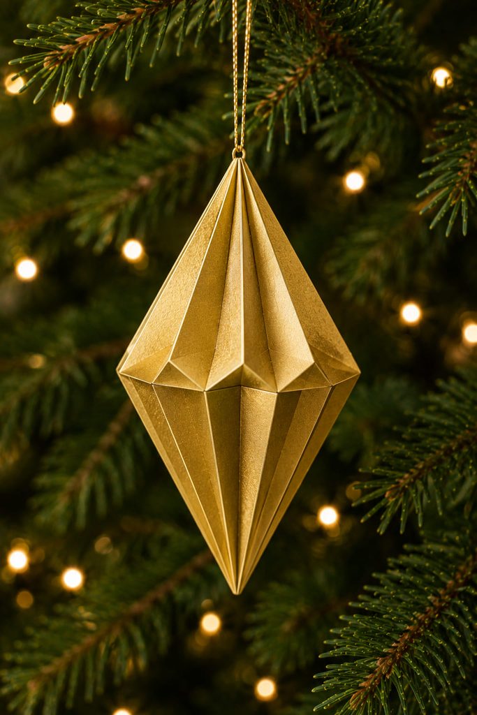 Gold faceted paper diamond ornament with sharp scored folds and a centered hanging cord.