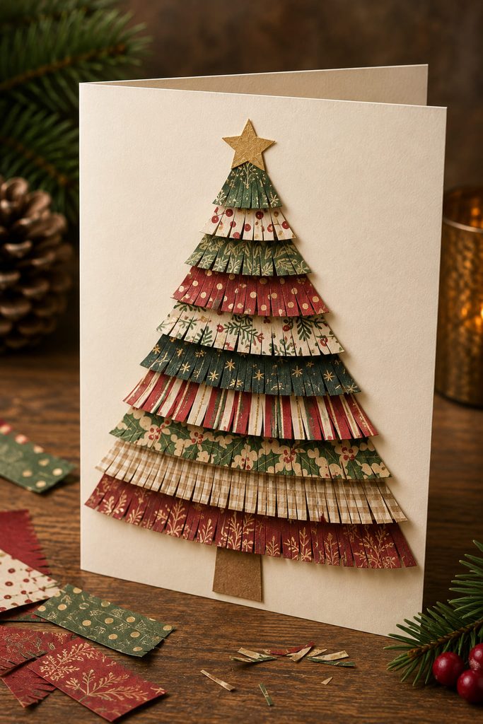 Christmas tree card made from overlapping fringed strips of patterned gift-wrap scraps.
