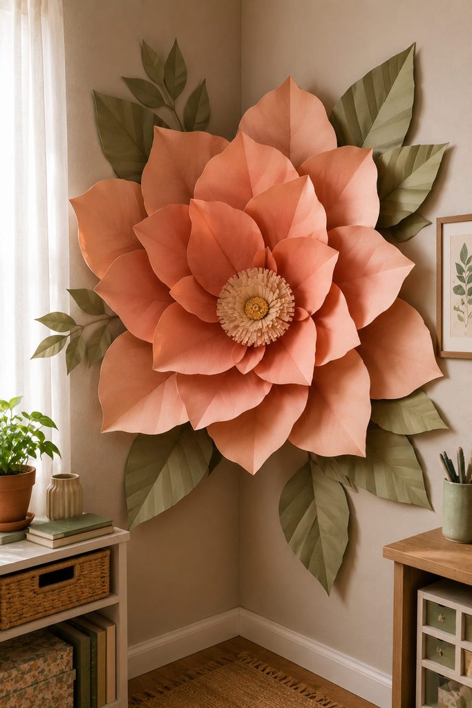 Oversized layered paper flower with shaped petals and leaves mounted across a room corner.