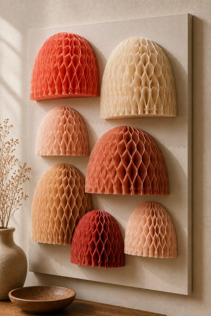 Expanded tissue honeycomb half-arches mounted as dimensional cellular relief modules.
