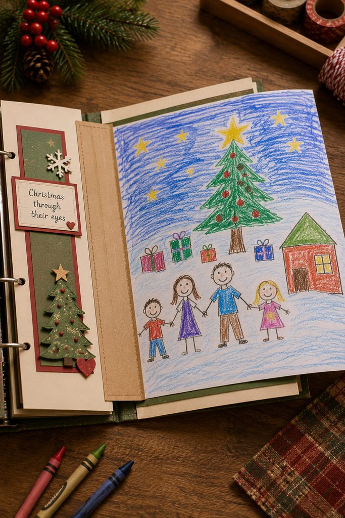 Child’s Christmas drawing mounted as a hinged foldout that opens beyond the scrapbook page edge.