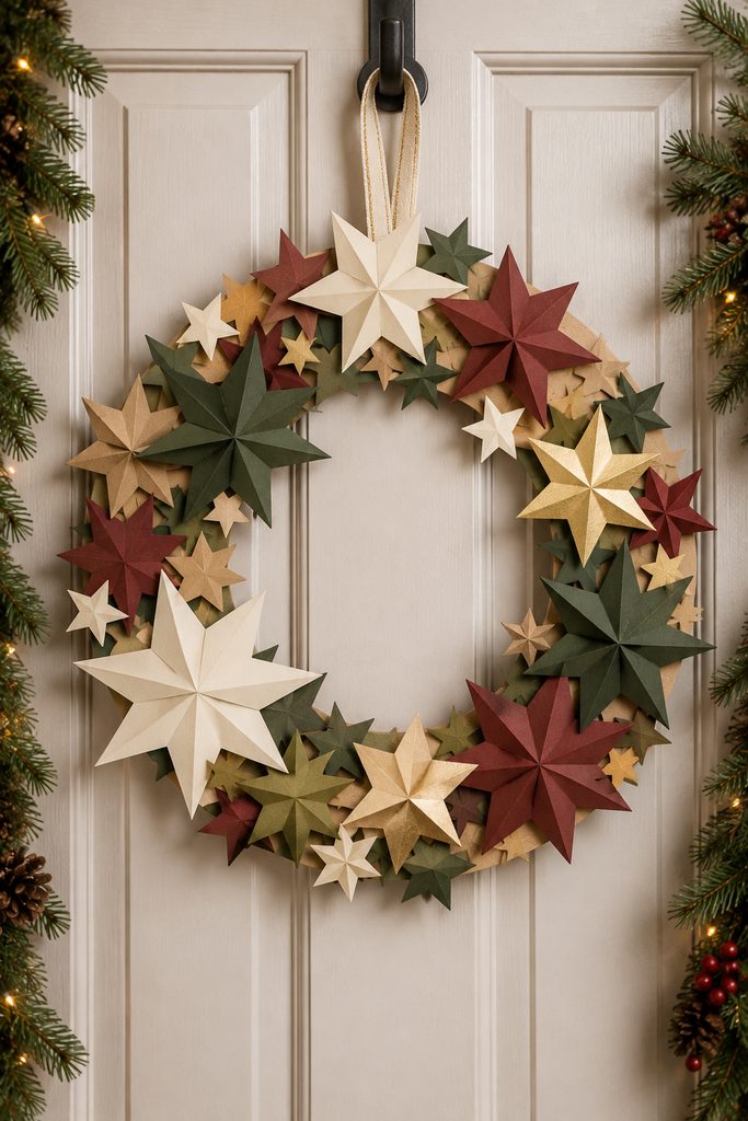 Layered cardstock star wreath mounted on a simple holiday door.
