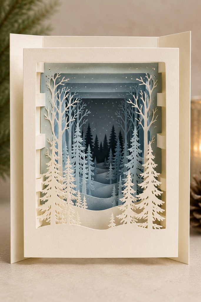 Layered tunnel Christmas card with spaced paper forest silhouettes creating deep perspective.