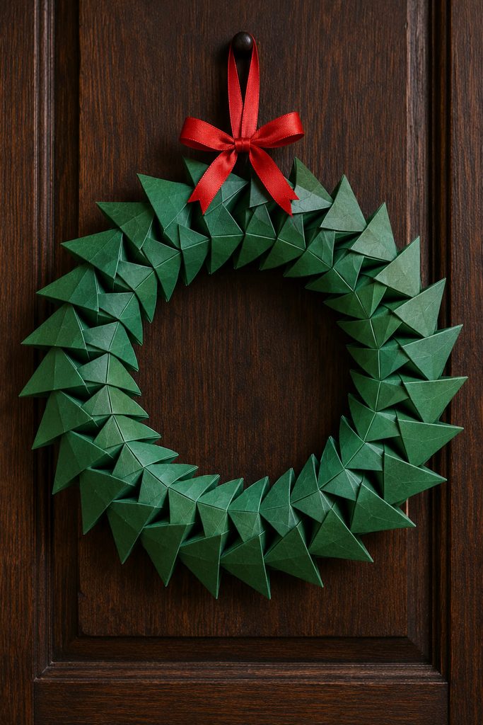 Green modular origami Christmas wreath with an even circular opening and red ribbon.