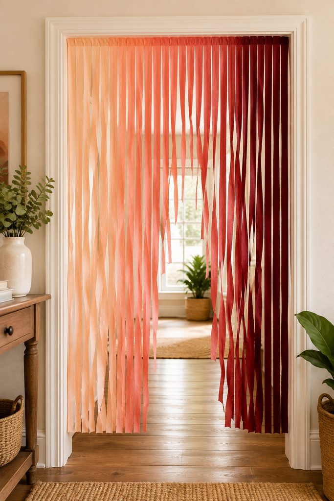 Ombre crepe paper streamer curtain hanging through a doorway with clear floor space.