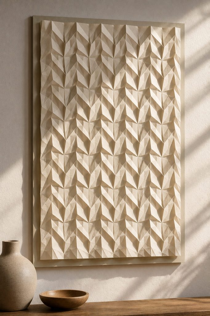 Origami tessellation wall art made from one folded sheet with repeating mountain and valley relief.