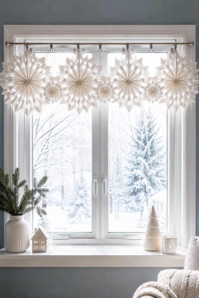 Alternating snowflake rosettes forming a removable paper valance across a bright winter window.
