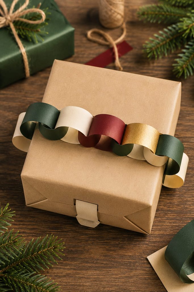 Broad paper links forming a decorative belly band around a wrapped Christmas gift.