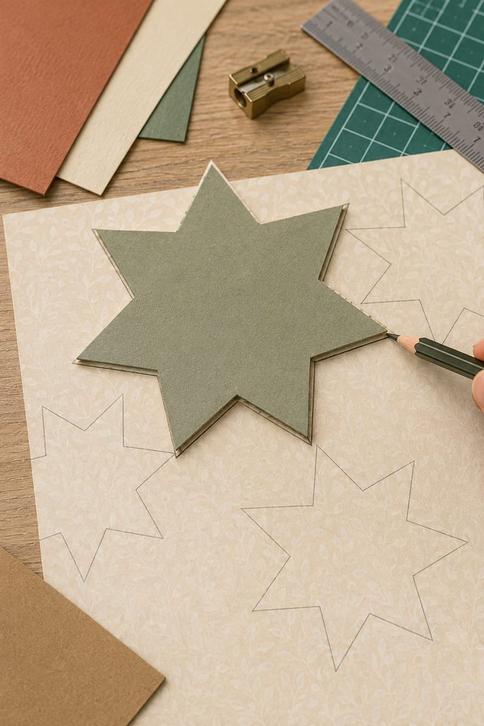 Reinforced cardstock star used as a reusable tracing template on decorative paper.