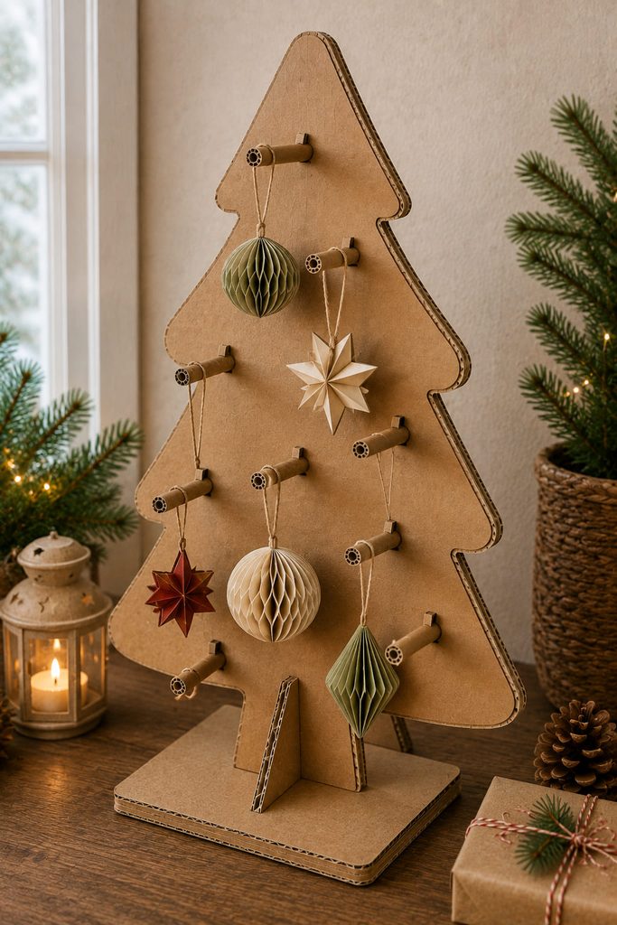 Cardboard Christmas tree display with removable rolled-cardboard pegs and lightweight ornaments.
