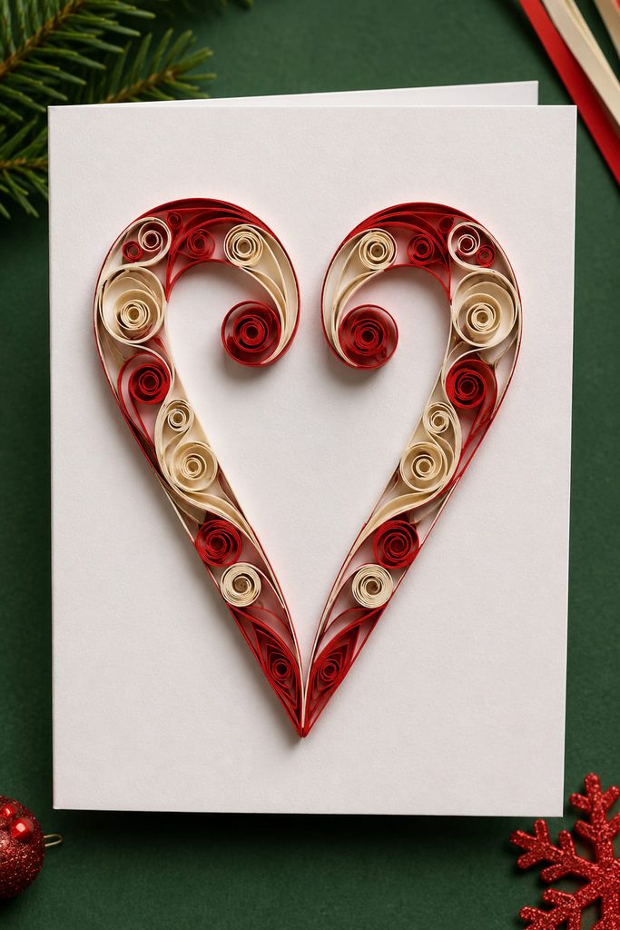 Quilled red and cream candy cane curves arranged as a heart on a Christmas card.