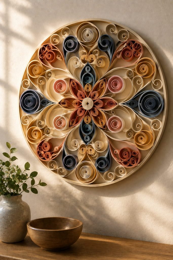 Circular quilled paper medallion made from coils, teardrops, and open scrolls.