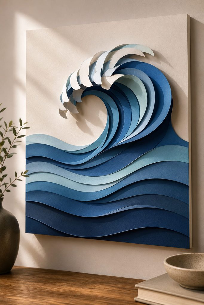 Curved blue paper layers forming a sculpted ocean wave relief with a raised crest.